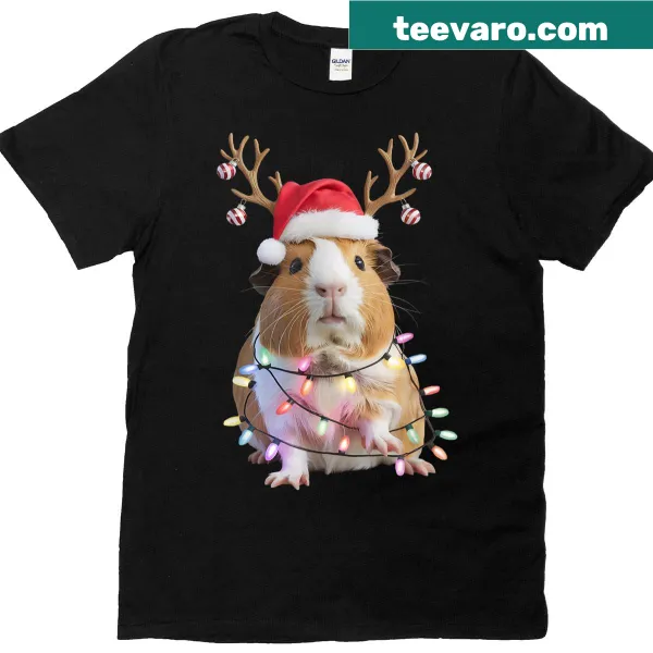 Cute cartoon guinea pig in reindeer antlers on Christmas t-shirt