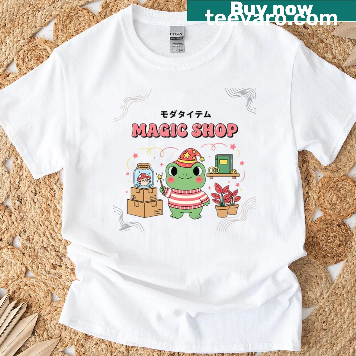 Cute frog wizard illustration on a magic shop t-shirt — on a men's t-shirt