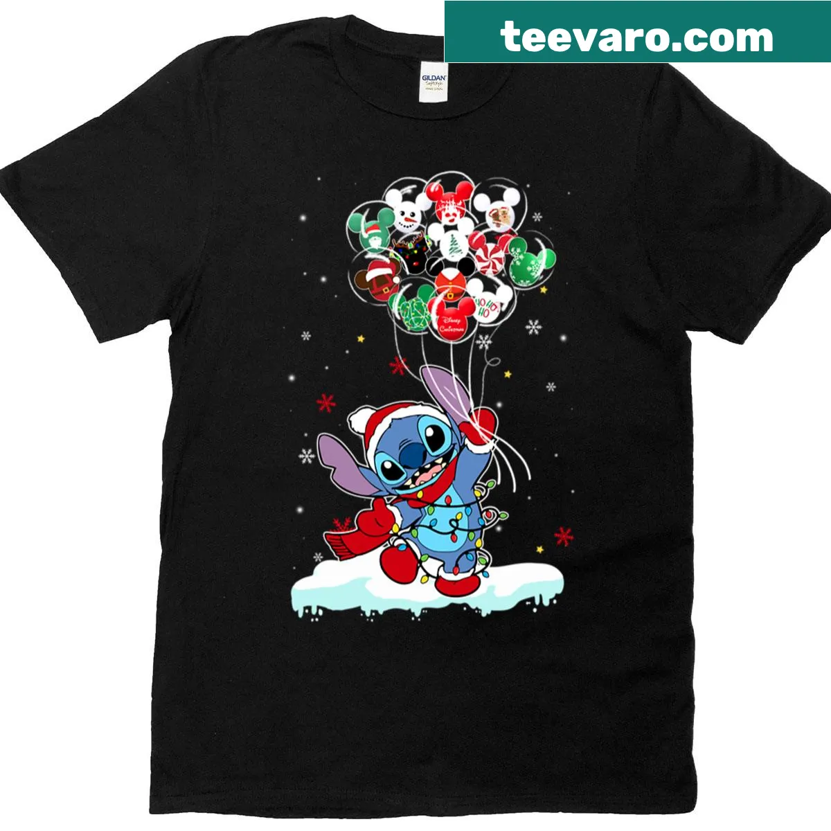 Cute t-shirt featuring Stitch holding colorful balloons for Christmas — on a men's t-shirt
