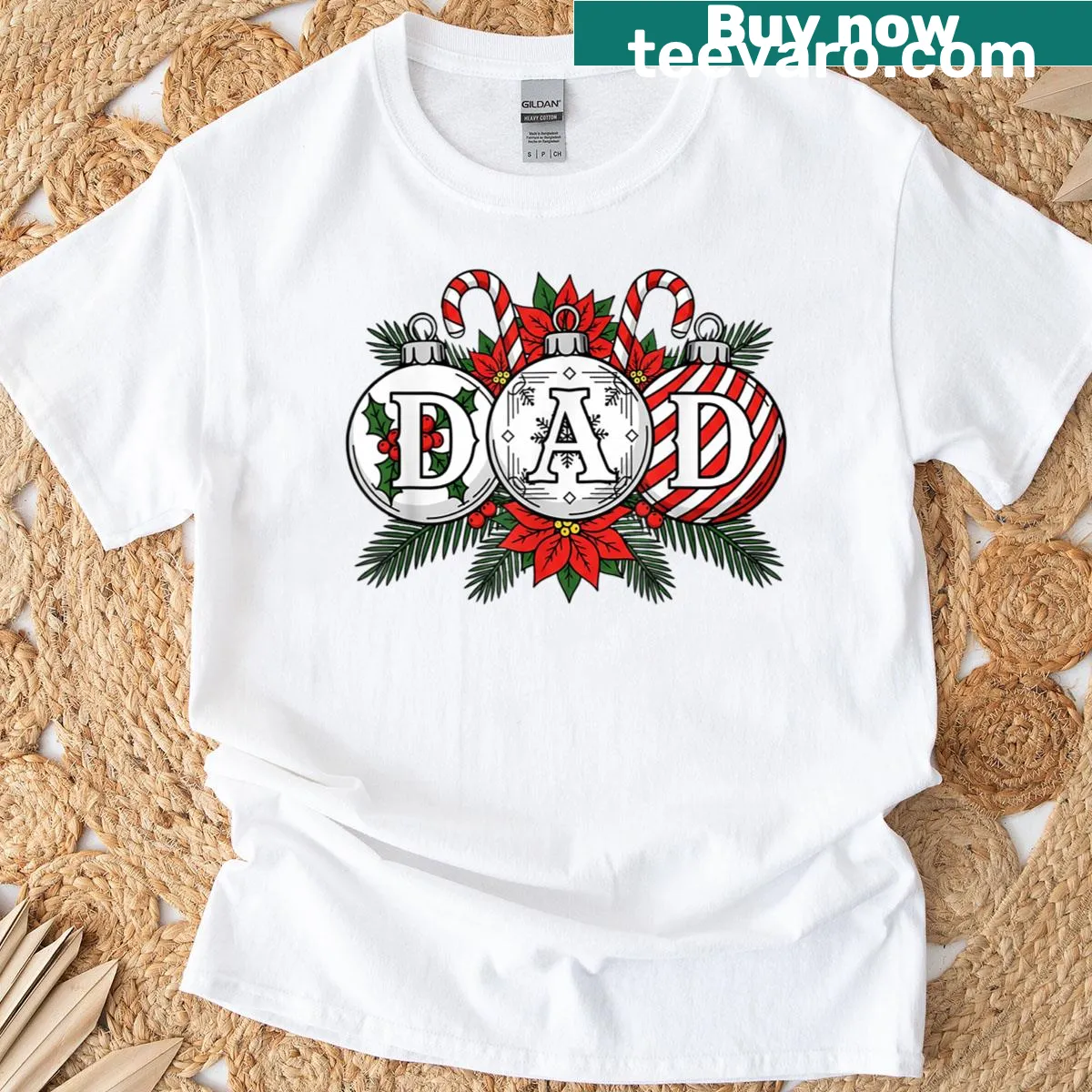 Christmas-themed Dad t-shirt with family illustrations — on a men's t-shirt