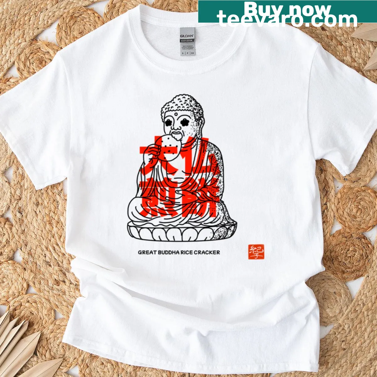 Whimsical Buddha graphic with senbei rice crackers on T-shirt — on a men's t-shirt