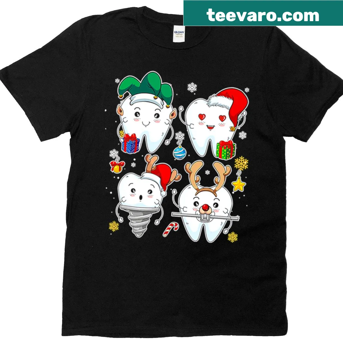 Christmas-themed T-shirt with dentist, reindeer, and teeth illustration. — on a men's t-shirt