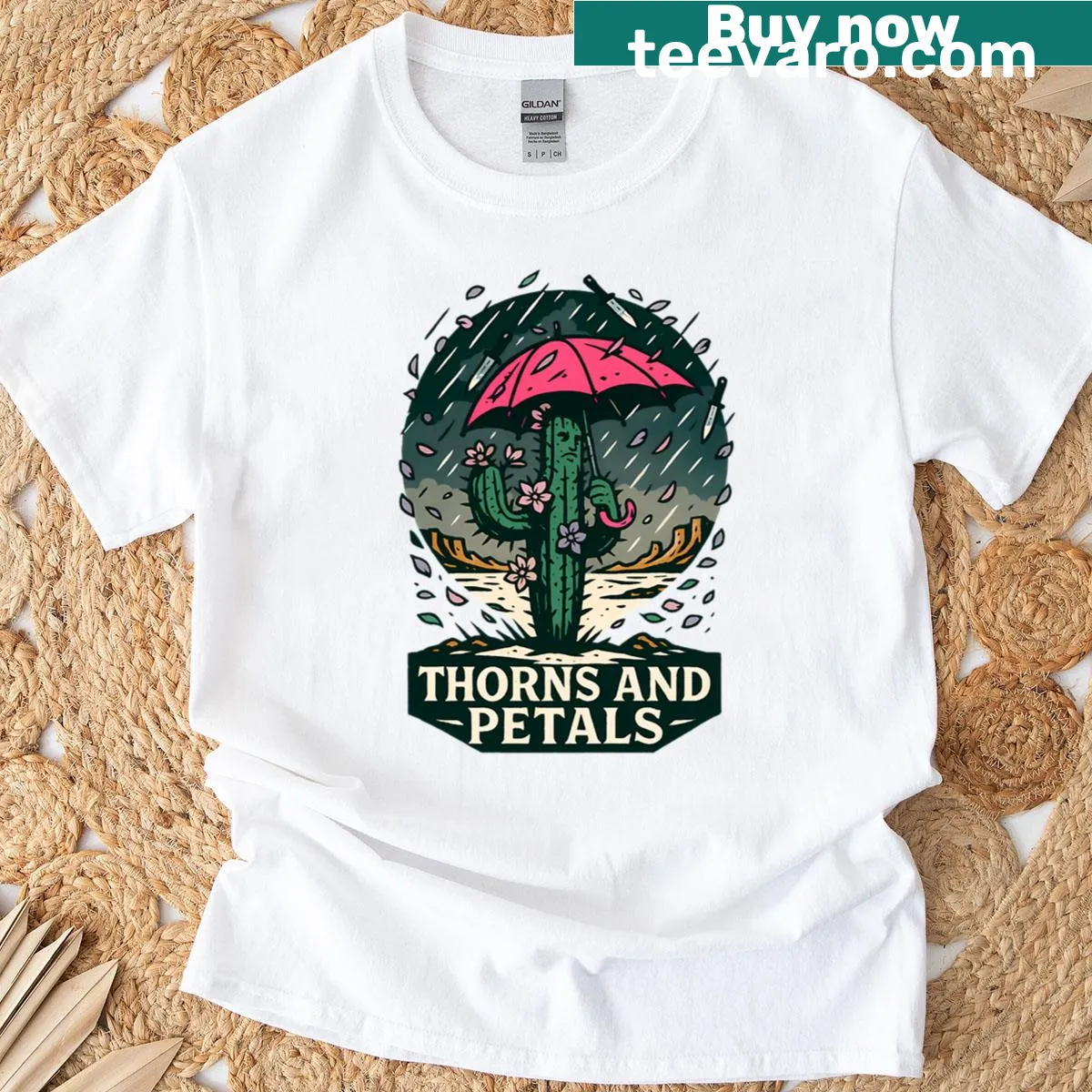 Surreal Desert Cactus Umbrella Storm T-shirt featuring unique art — on a men's t-shirt