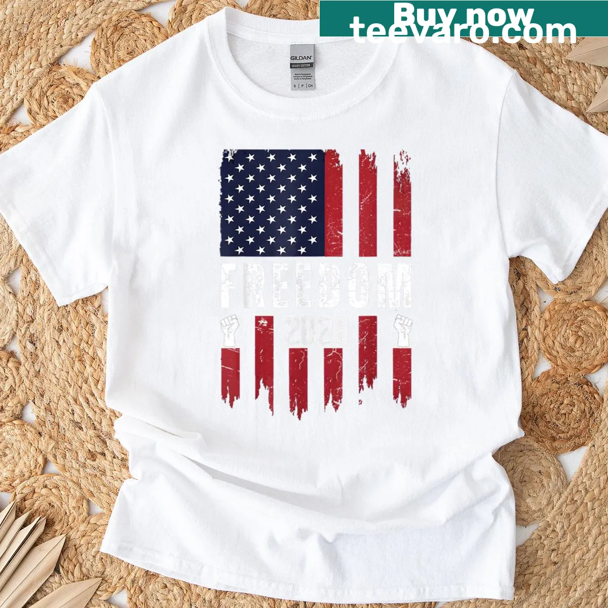 Distressed USA flag graphic with 'Freedom 2026' text on a t-shirt — on a men's t-shirt