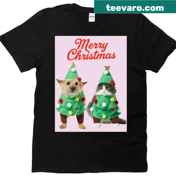 Humorous T-shirt featuring a dog and cat dressed as a Christmas tree.