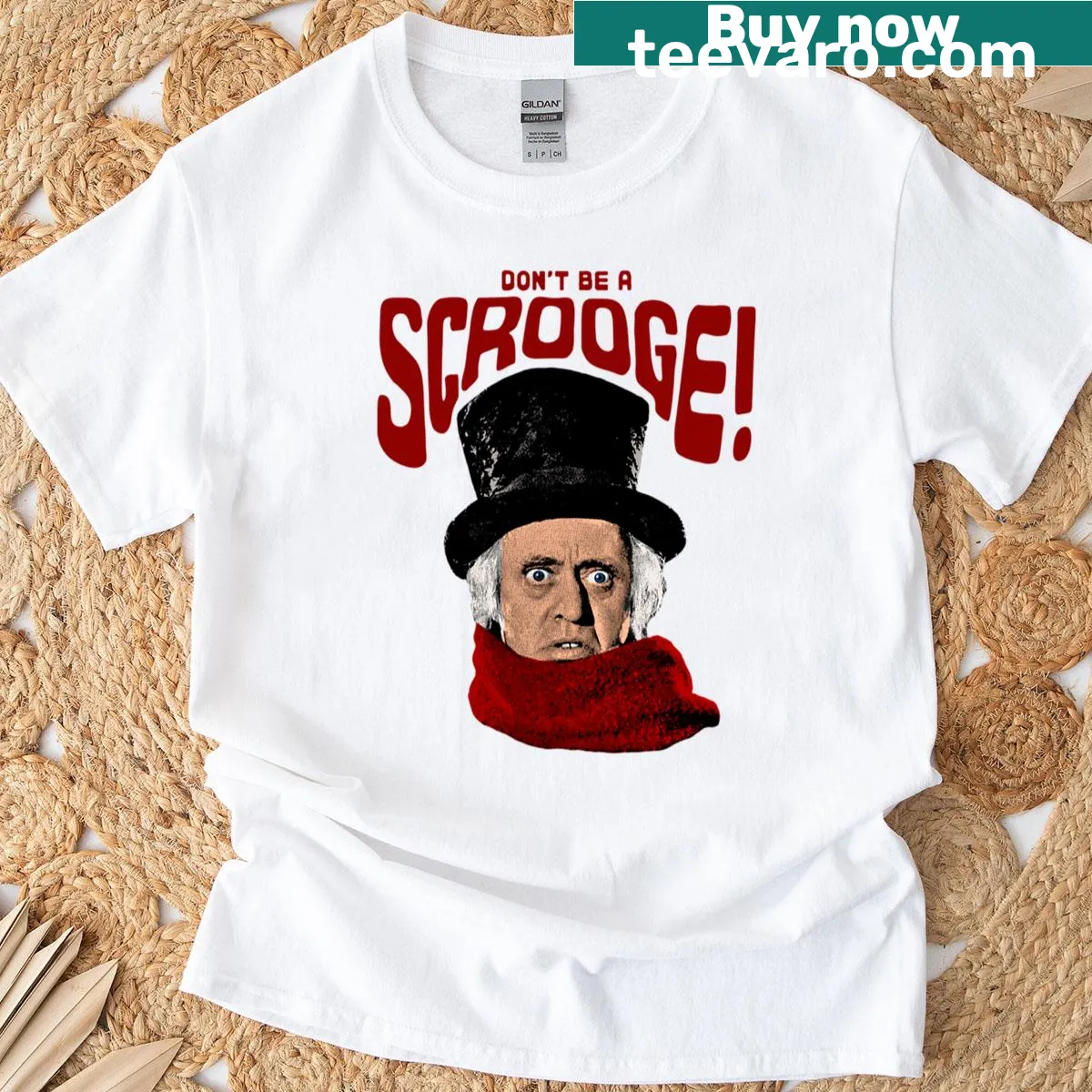 Fun Christmas t-shirt featuring the phrase 'Don't Be A Scrooge'. — on a men's t-shirt