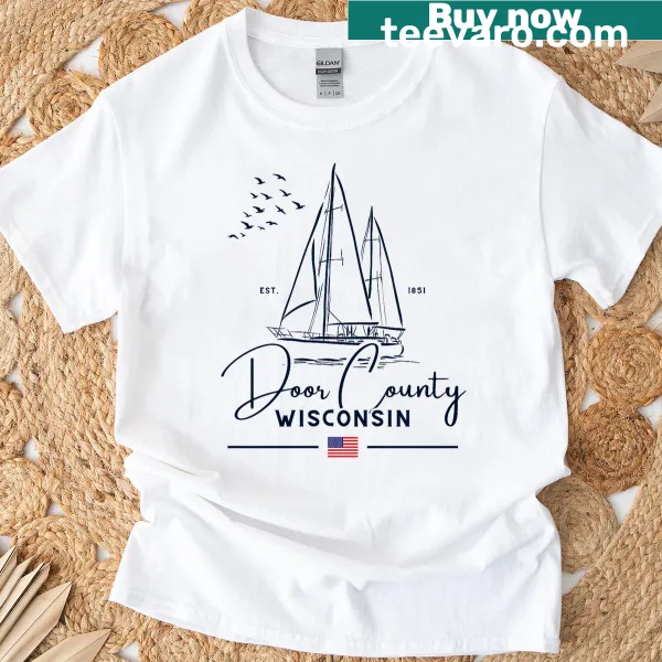 Sailing boat and Wisconsin flag graphic on a souvenir tee.