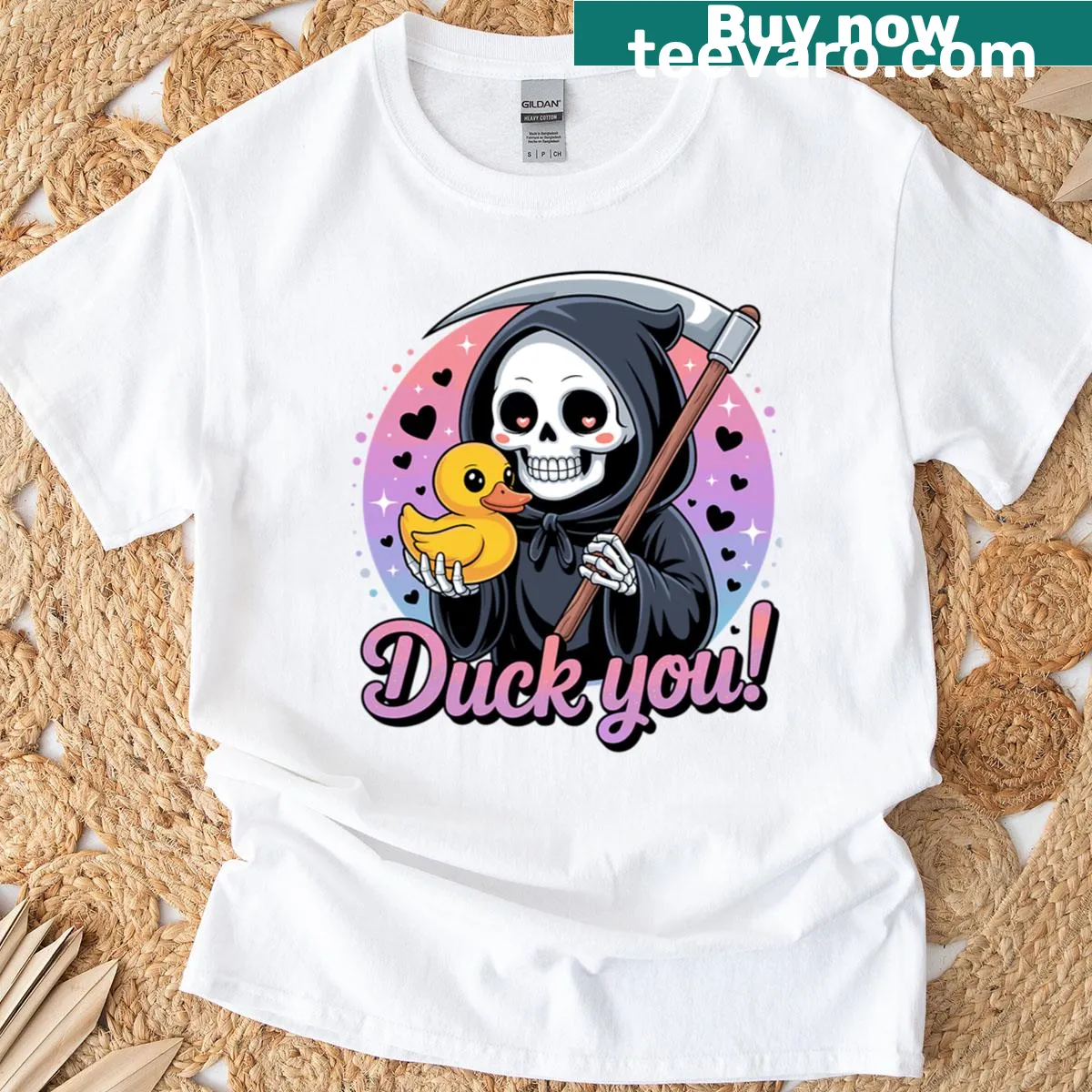Cute Duck-you Grim Reaper T-shirt with skeleton and rubber duck graphic — on a men's t-shirt