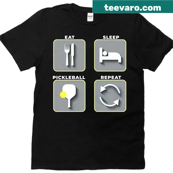Funny pickleball t-shirt featuring colorful graphic icons