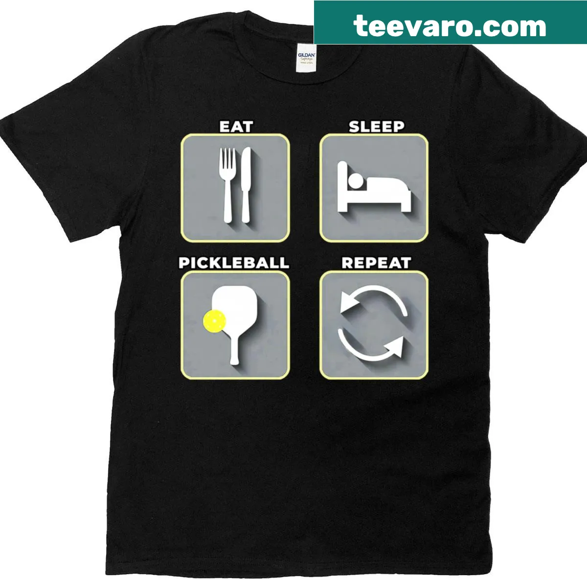 Funny pickleball t-shirt featuring colorful graphic icons — on a men's t-shirt