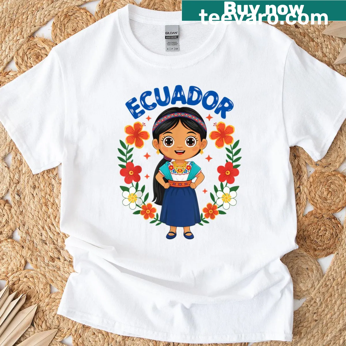 Ecuadorian girl in traditional dress with floral designs — on a men's t-shirt