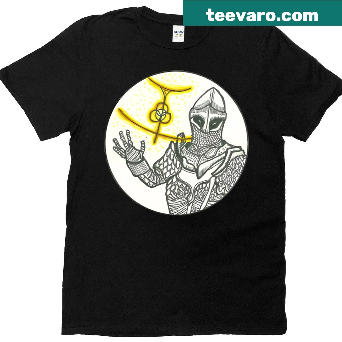 Illustrated T-shirt featuring heroes from Elden Ring game — on a men's t-shirt