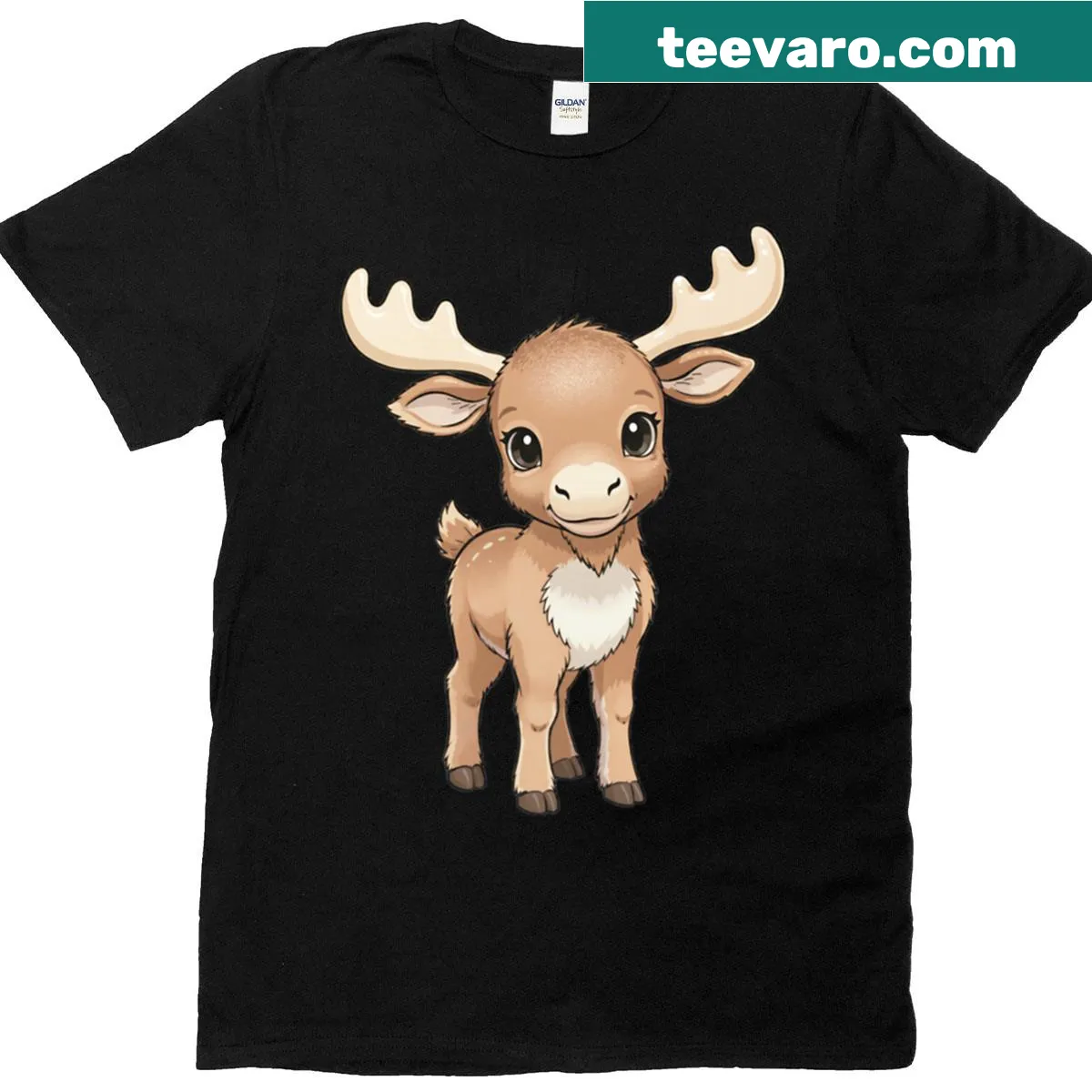 Illustrated T-shirt featuring elk in a forest setting. — on a men's t-shirt