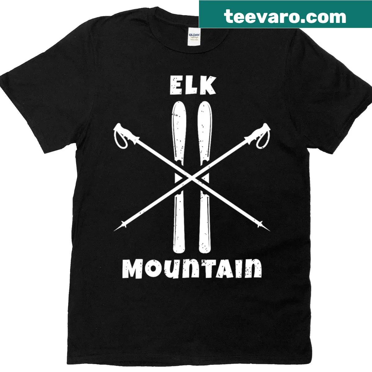 Skier t-shirt featuring Elk Mountain skiing graphic — on a men's t-shirt