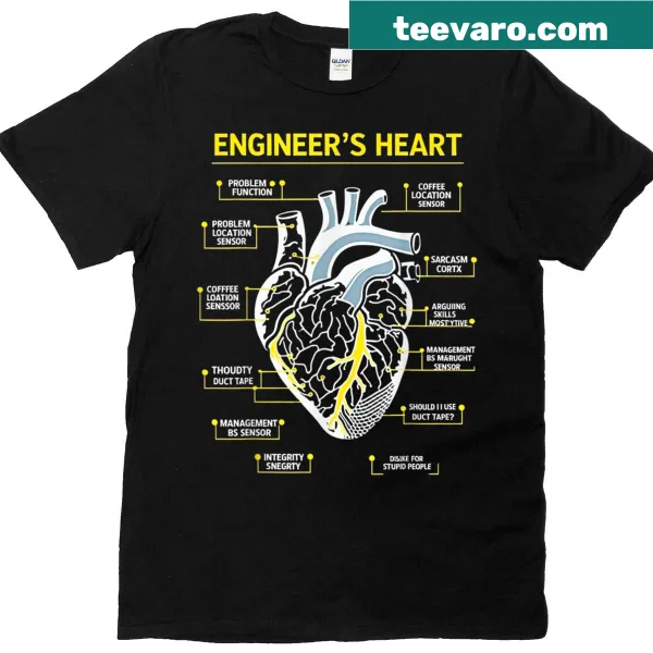 Funny Engineer's Heart t-shirt with tech design and heart motif.