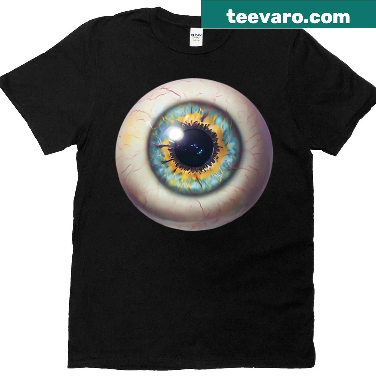 Illustrative t-shirt featuring an eyeball with yellow and blue iris — on a men's t-shirt