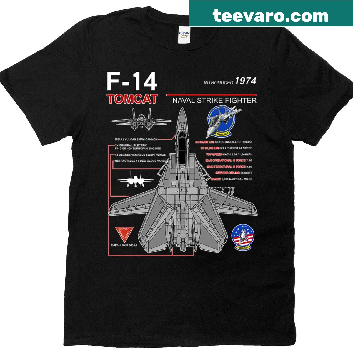 Engineering infographic of the F-14 Tomcat jet airplane on t-shirt — on a men's t-shirt