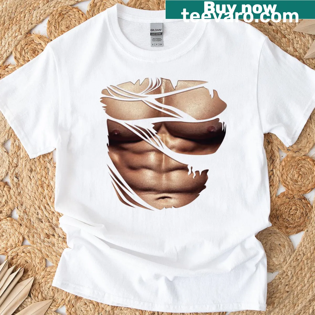 Fitness t-shirt with torn chest illustration and humorous text — on a men's t-shirt
