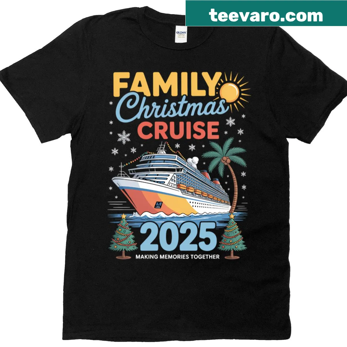 Matching family Christmas cruise t-shirt with cruise ship illustration. — on a men's t-shirt
