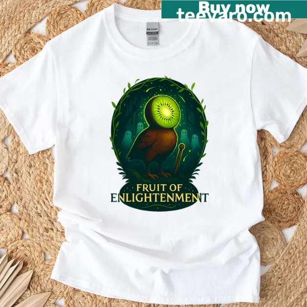T-shirt depicting a kiwi bird with mystical forest spirits in an illustration