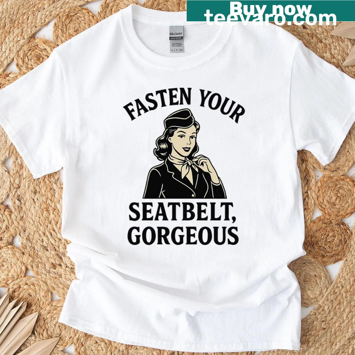 Funny flight attendant graphic t-shirt with the phrase Fasten Your Seatbelt Gorgeous — on a men's t-shirt