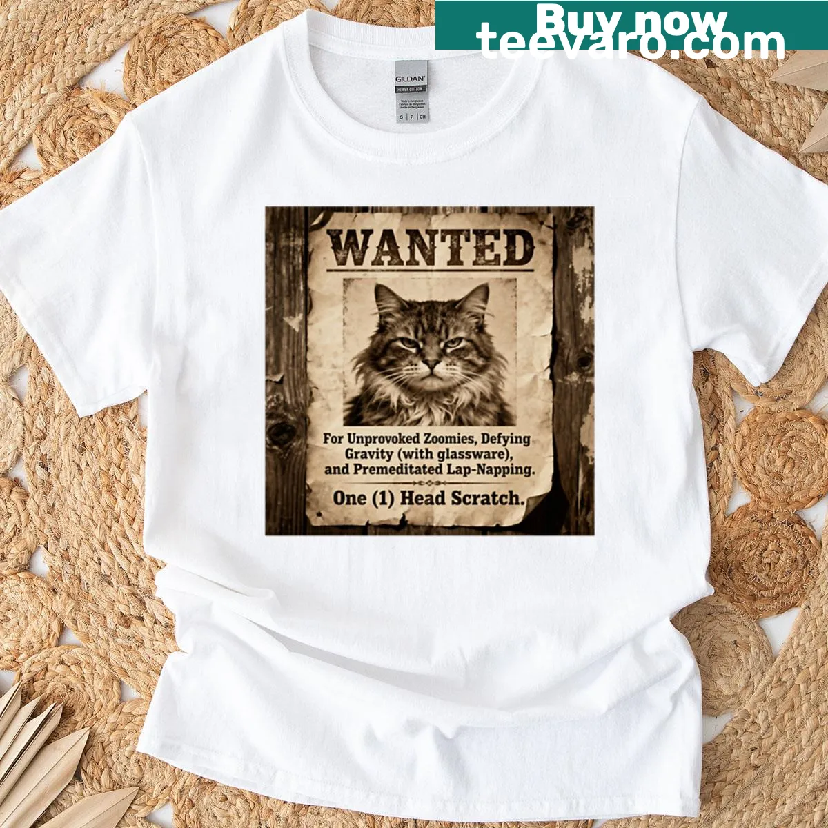 Funny cat wanted poster T-shirt for cat lovers — on a men's t-shirt