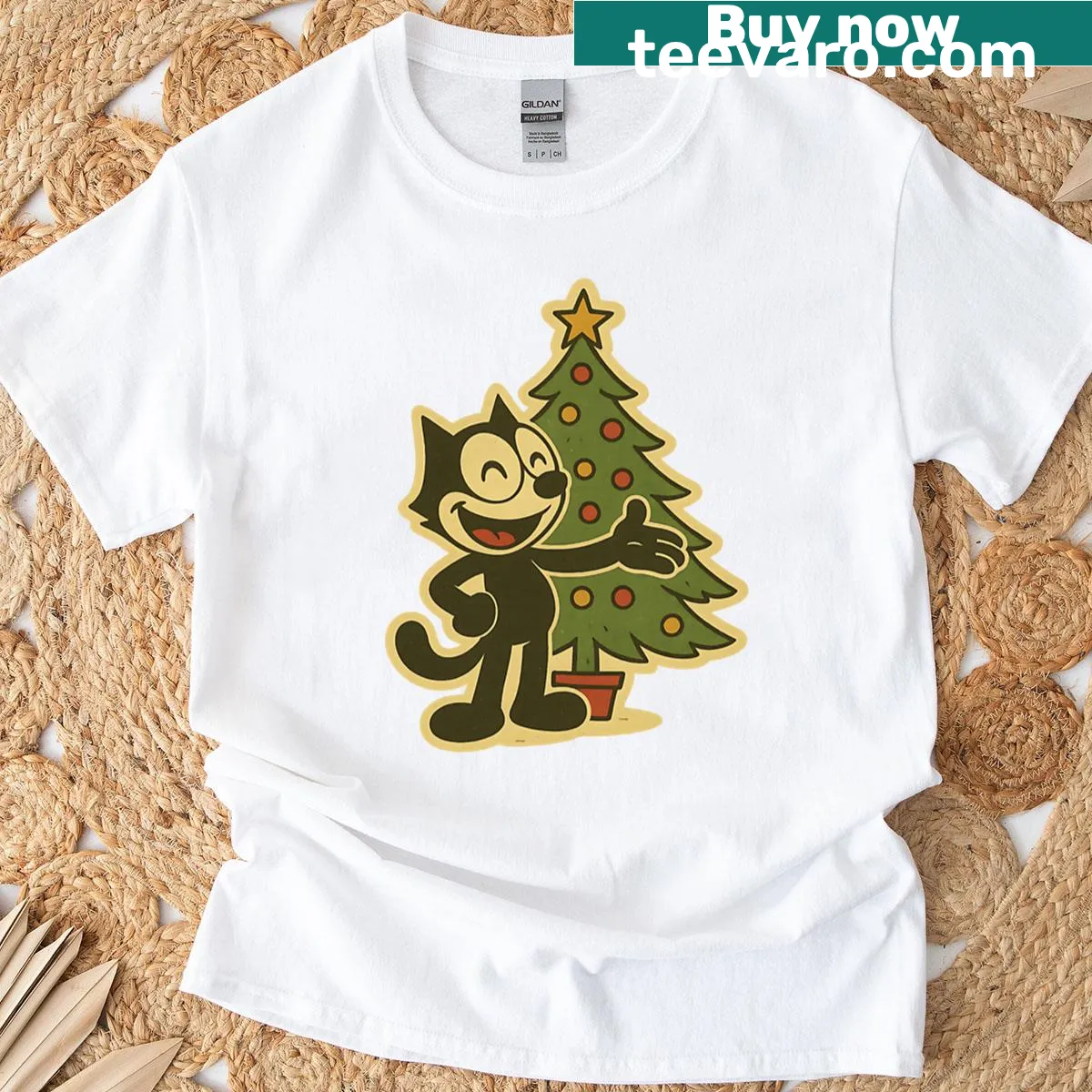 Vintage Felix the Cat with Christmas tree graphic — on a men's t-shirt