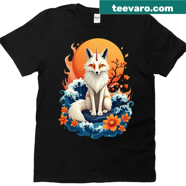 T-shirt featuring a fiery fox illustration inspired by Japanese fantasy art