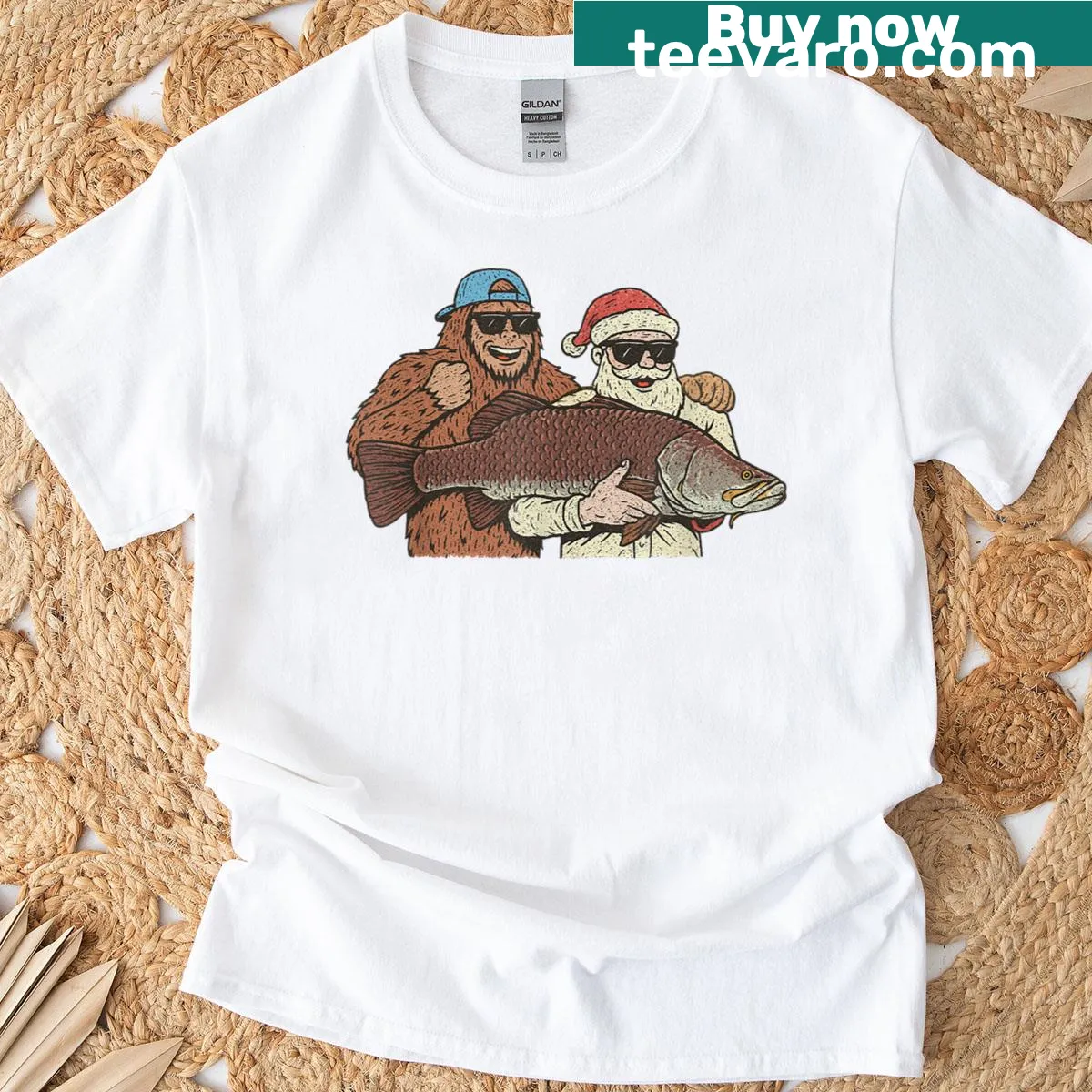 Vintage design with Sasquatch Santa fishing for Christmas. — on a men's t-shirt