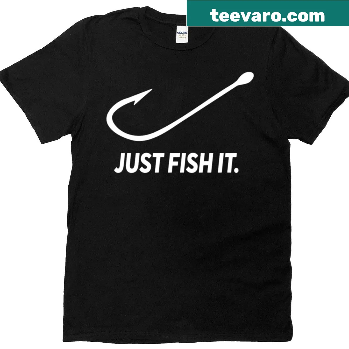 Fishing-themed t-shirt with the phrase 'Just Fish It' in a fun font — on a men's t-shirt
