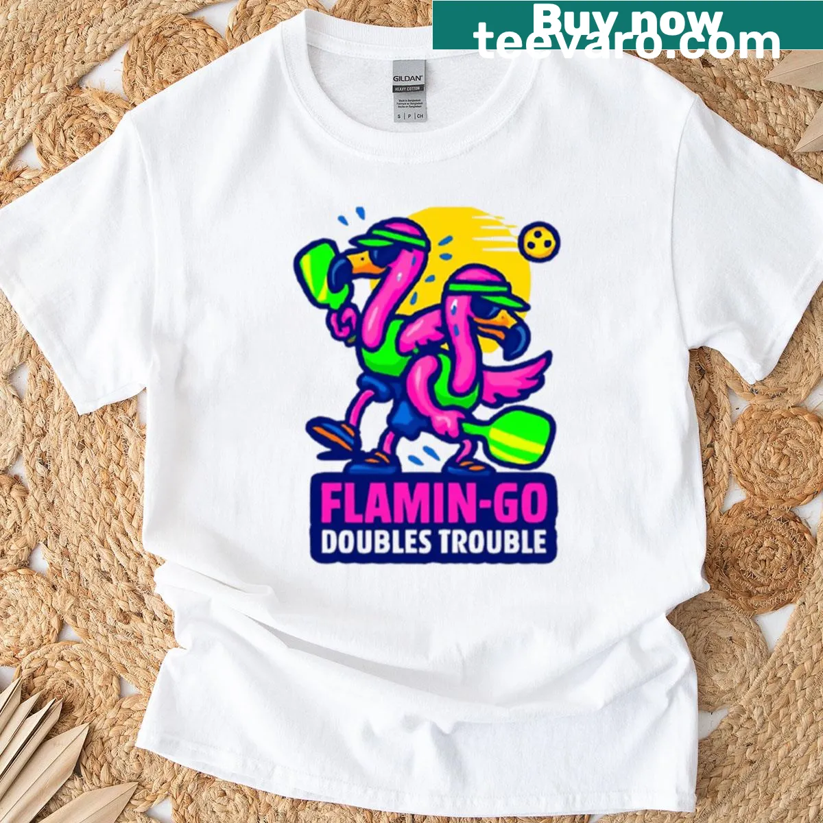 Playful flamingo design for pickleball on T-shirt — on a men's t-shirt