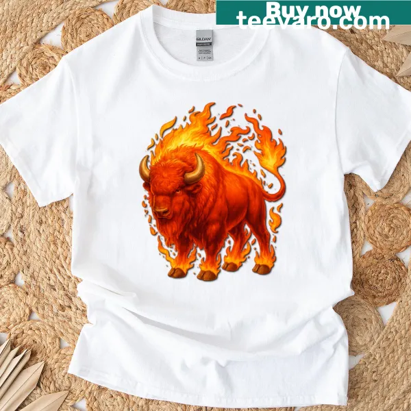 Flaming bison graphic T-shirt with fantasy animal art