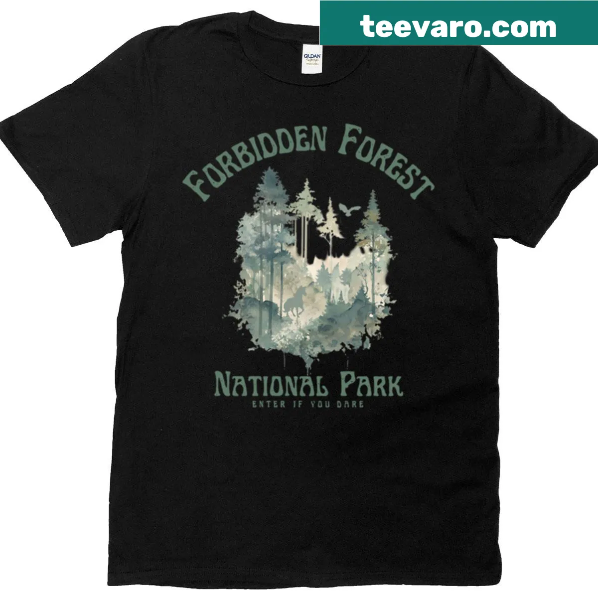 Illustrative t-shirt featuring the Forbidden Forest from the Wizarding World — on a men's t-shirt