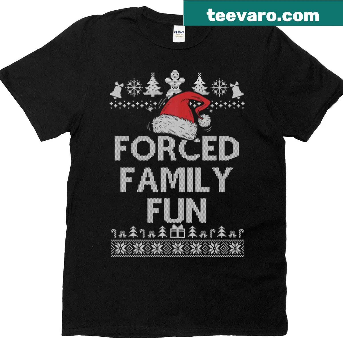 Sarcastic Christmas t-shirt with 'Forced Family Fun' text. — on a men's t-shirt