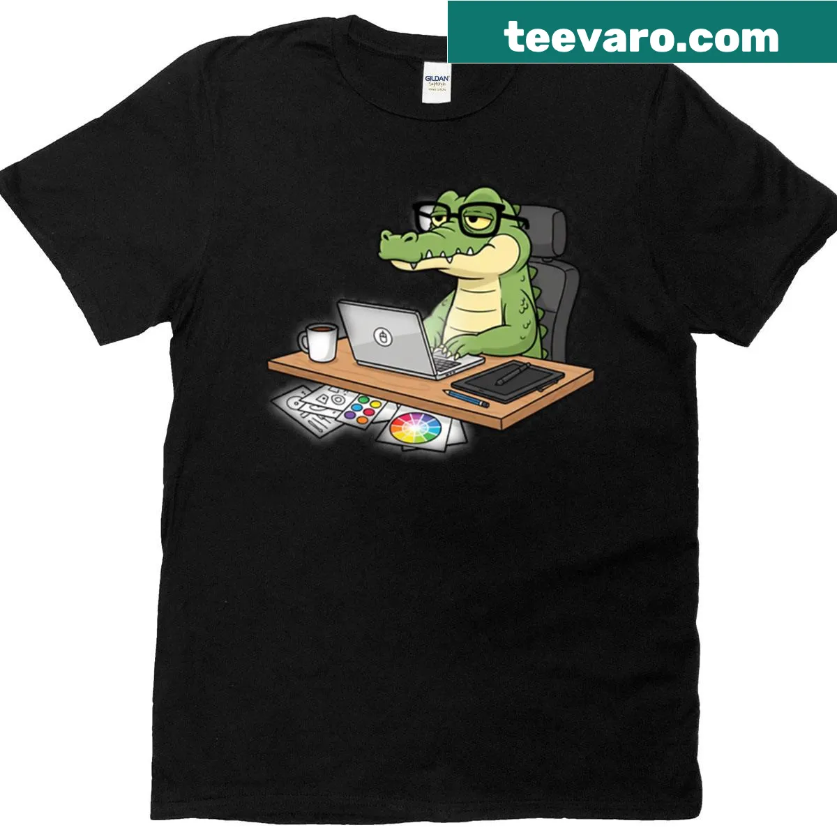 Cartoon crocodile graphic designer t-shirt — on a men's t-shirt