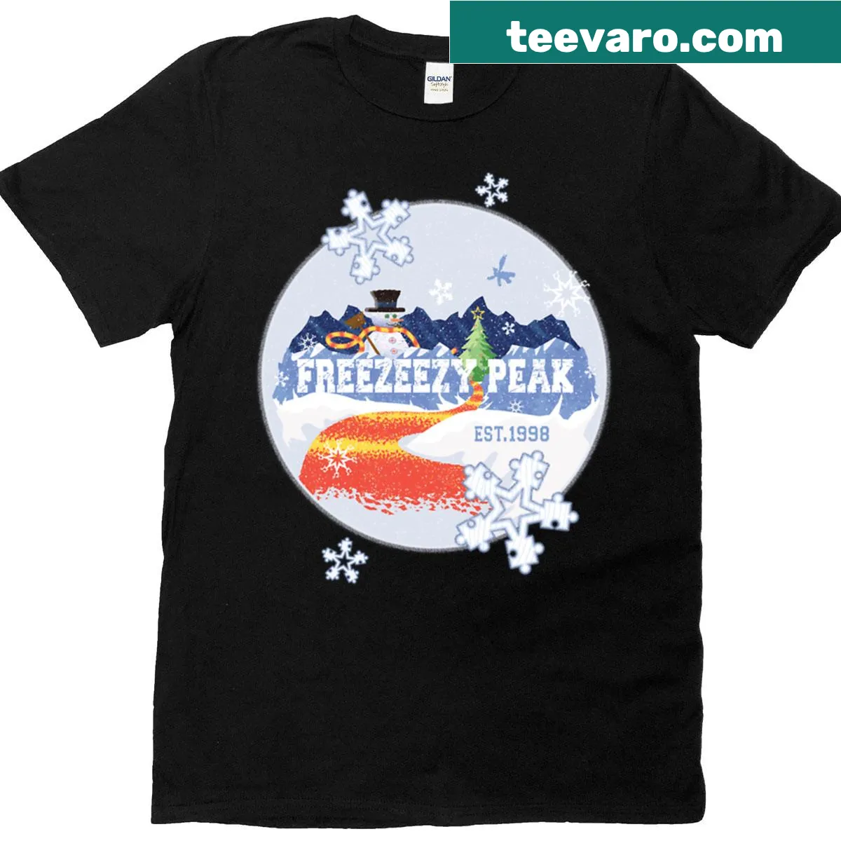Christmas-themed T-shirt featuring a winter scene at Freezeezy Peak — on a men's t-shirt