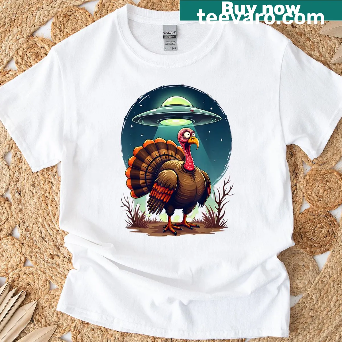 Funny design of an alien and turkey taking a selfie in a UFO. — on a men's t-shirt
