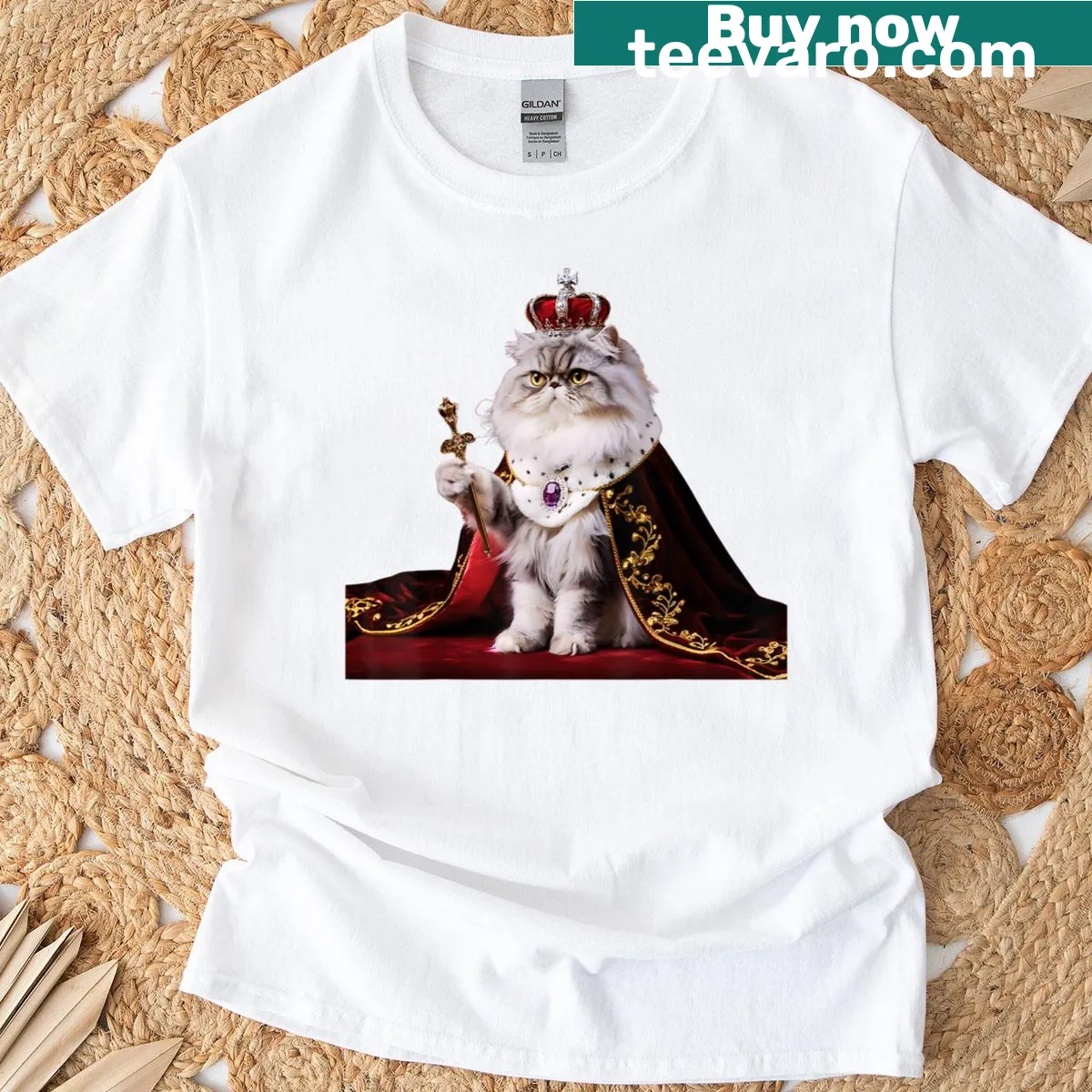 Cartoon cat wearing a crown with humorous text on a t-shirt. — on a men's t-shirt