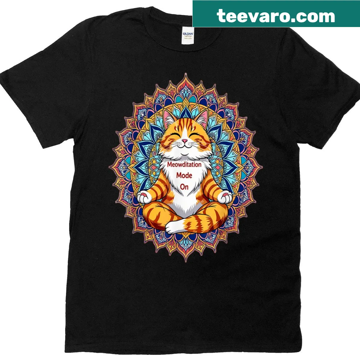 Playful t-shirt with cat mandala and funny meditation saying — on a men's t-shirt