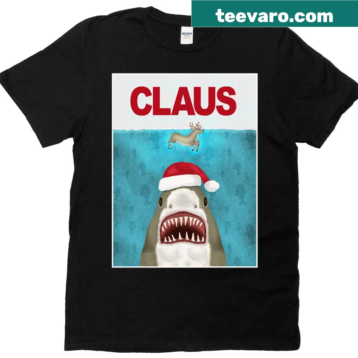 Funny T-shirt featuring Santa Claus, a shark, and reindeer in a humorous design — on a men's t-shirt
