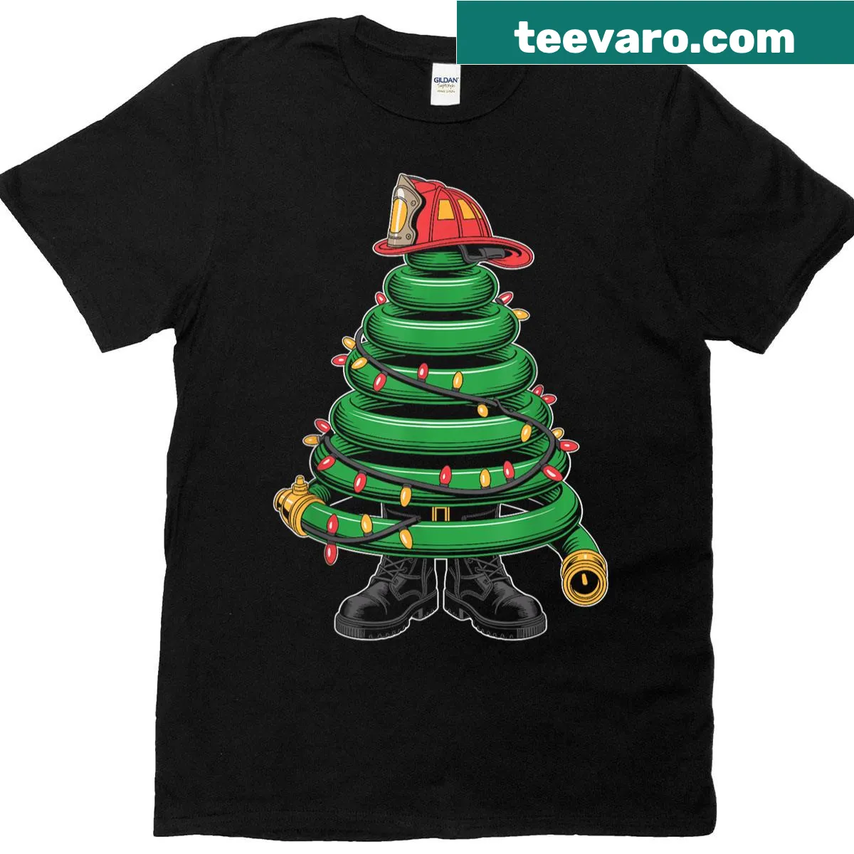 Funny firefighter Christmas tree design t-shirt with festive elements — on a men's t-shirt