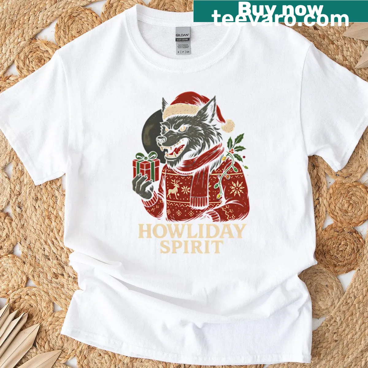 Funny Christmas T-shirt featuring a werewolf holding a gift in an ugly sweater — on a men's t-shirt