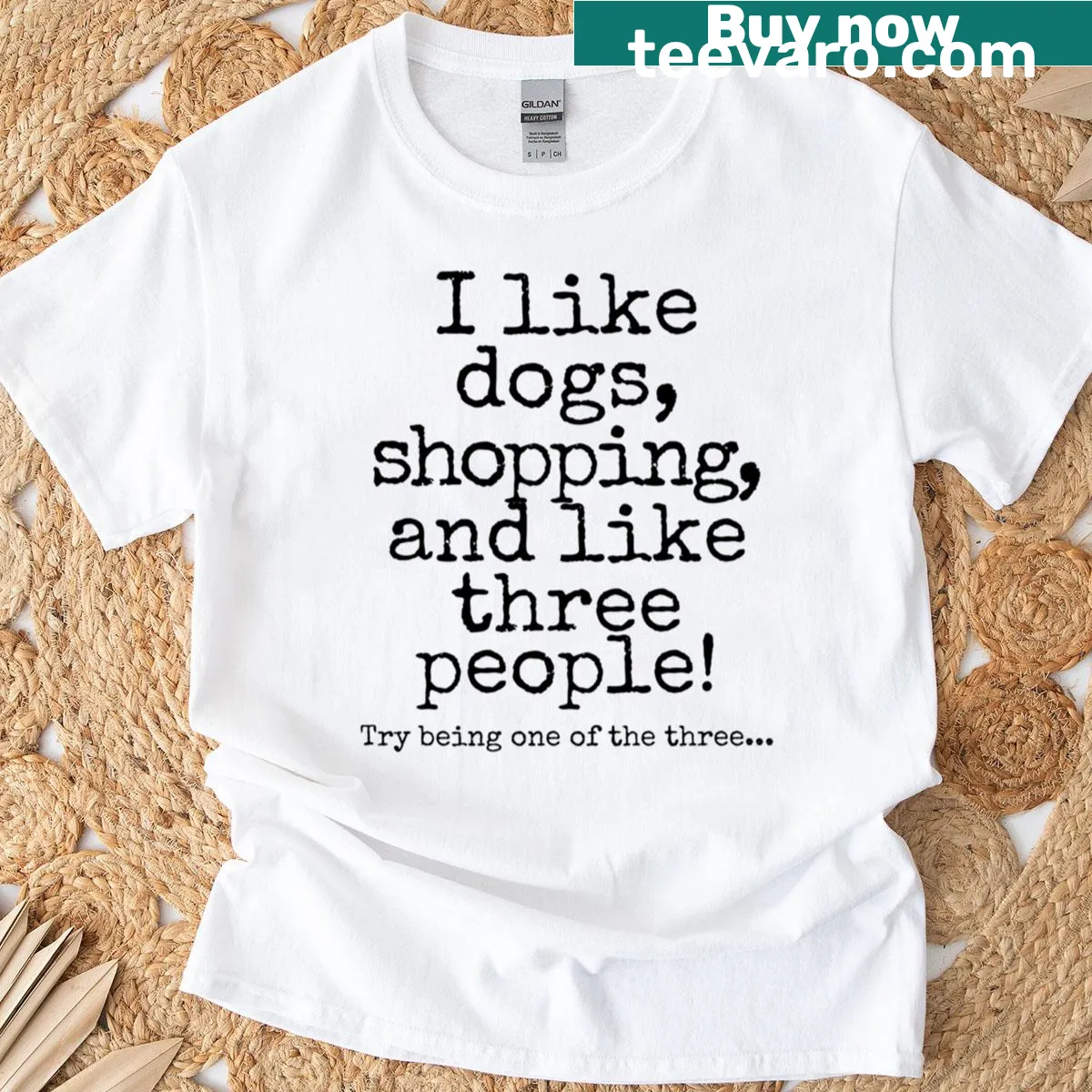 Humorous dog-lover shopping quote t-shirt — on a men's t-shirt
