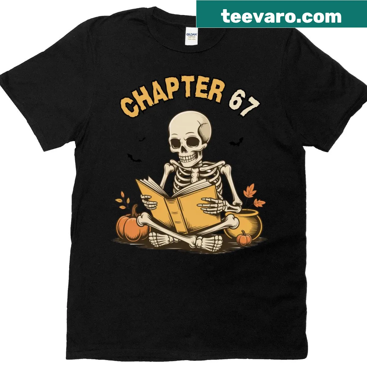 Fun Halloween t-shirt with a skeleton reading memes — on a men's t-shirt