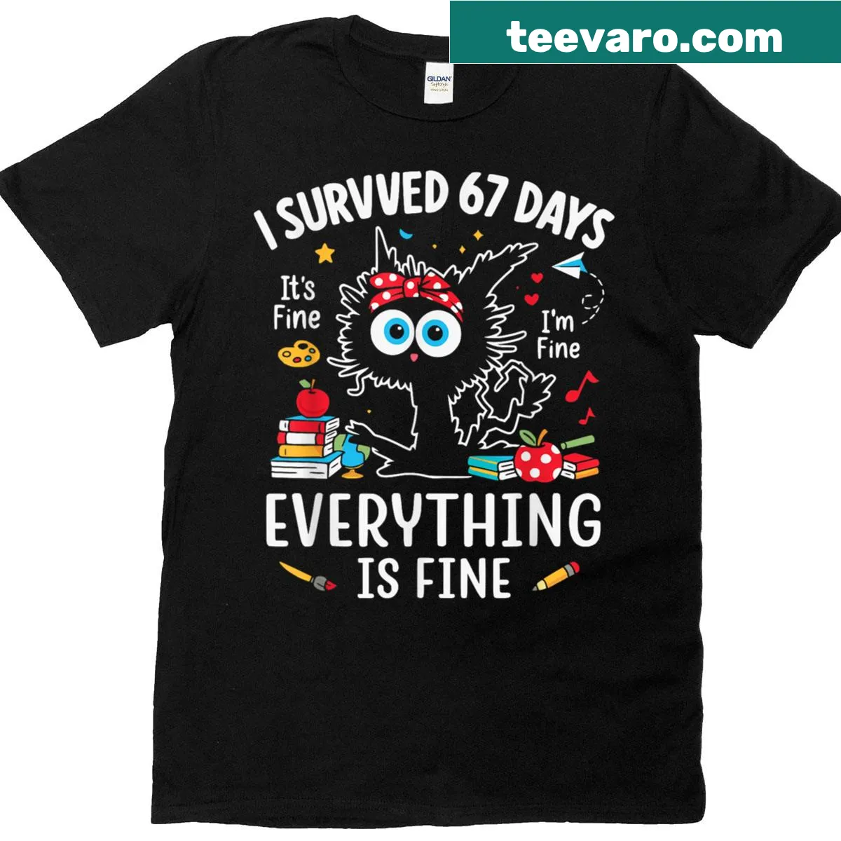 Funny school-themed t-shirt with 'I Survived 67 Days' text — on a men's t-shirt