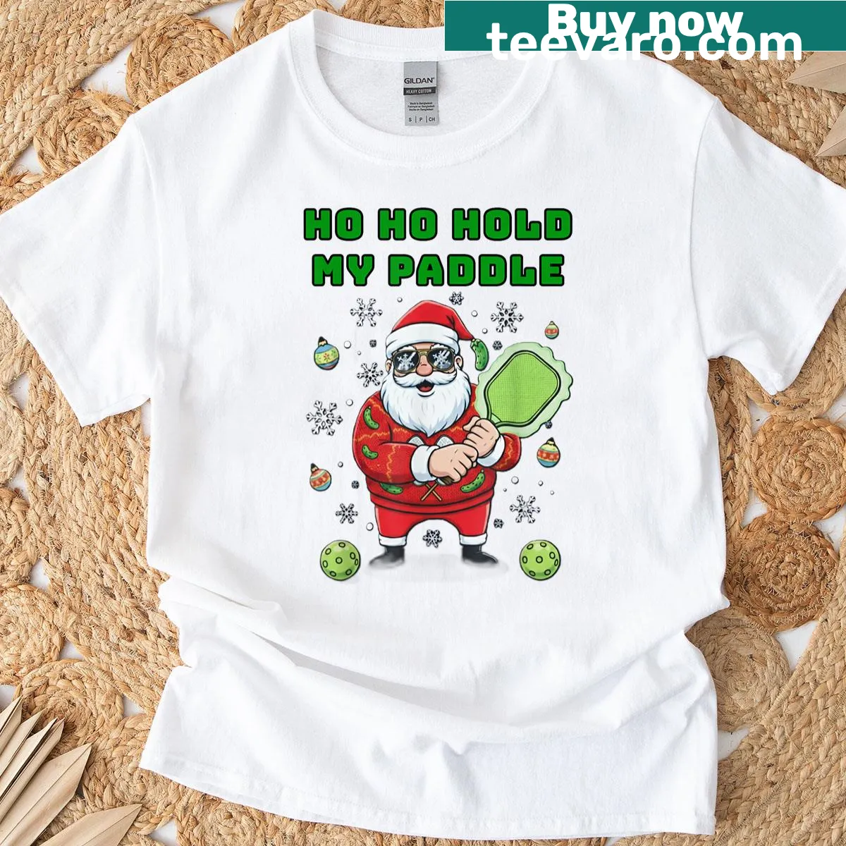 Santa pickleball paddle graphic t-shirt — on a men's t-shirt