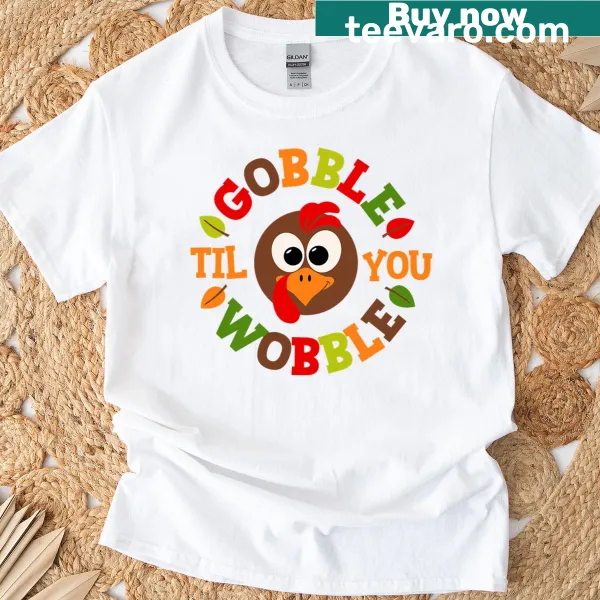 Cartoon turkey with humorous gobble wobble design for Thanksgiving on a T-shirt.