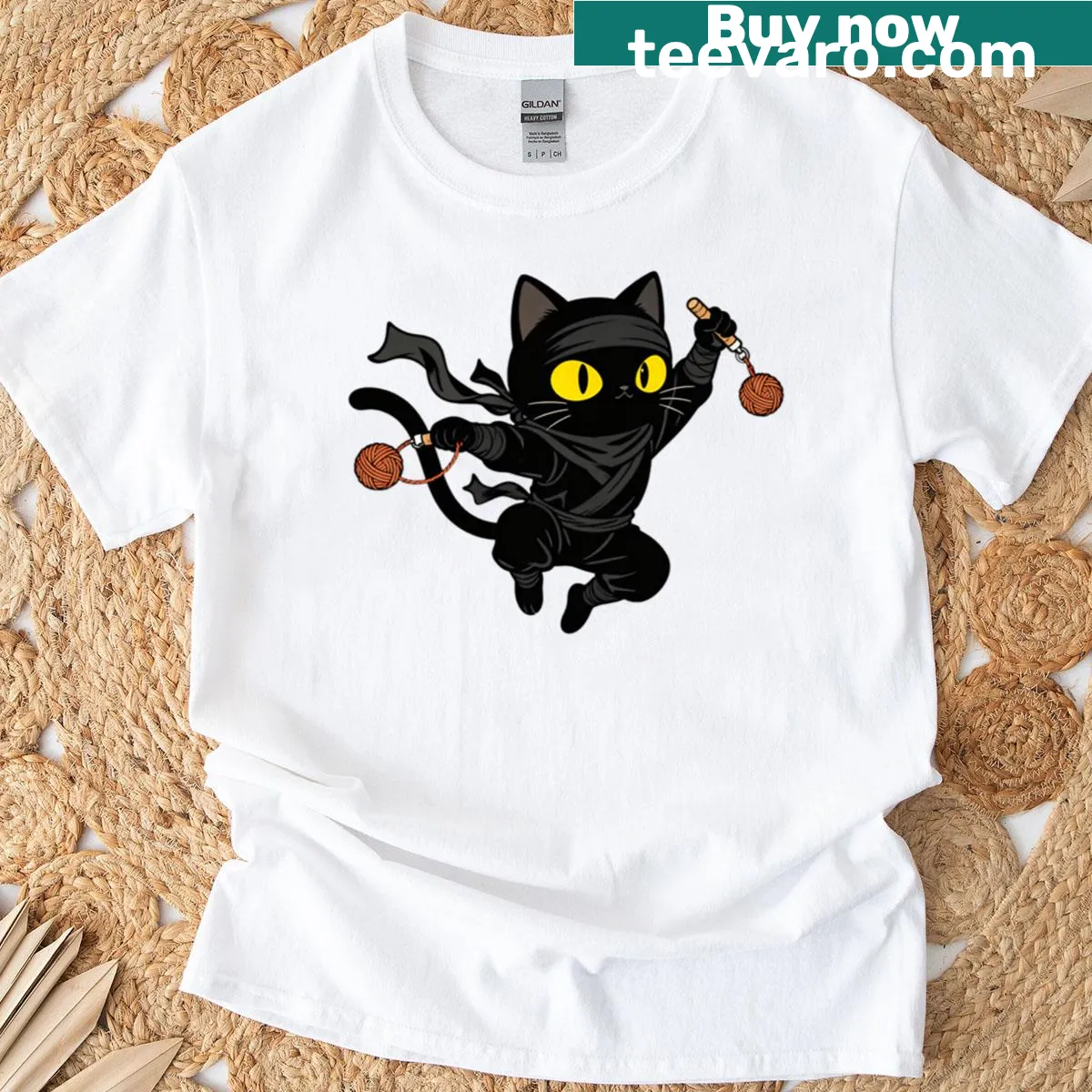 Funny black cat design in ninja pose — on a men's t-shirt