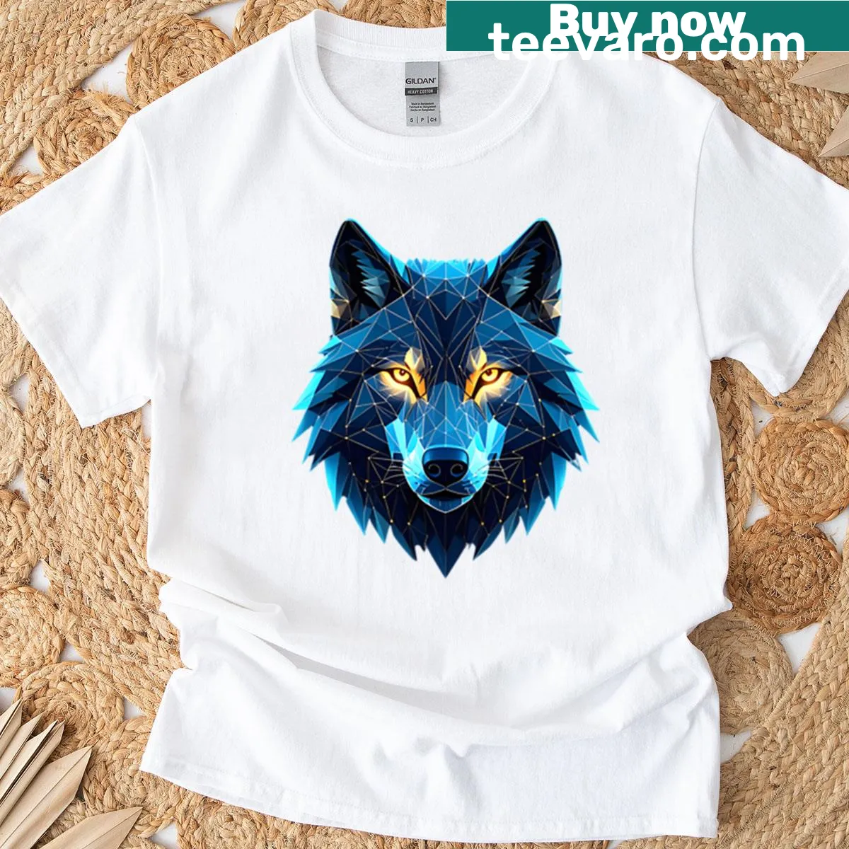 T-shirt featuring a bold geometric wolf design for nature lovers — on a men's t-shirt