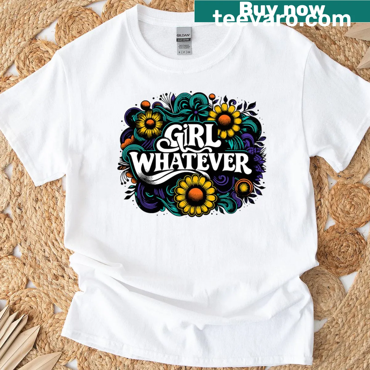 Vintage-style T-shirt with daisy floral design and text — on a men's t-shirt